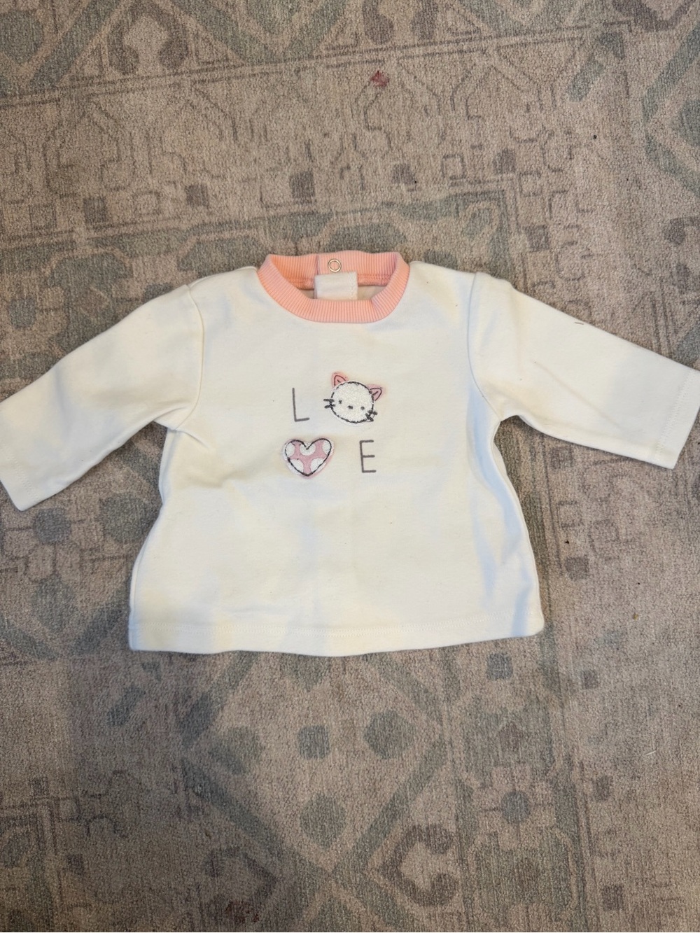 Mayoral Cream Long Sleeve Baby Top with Pink Trim and Kitty Heart